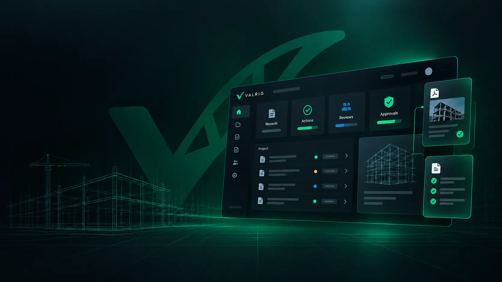 Valrig project dashboard showing construction records, actions, due dates and project workflow status